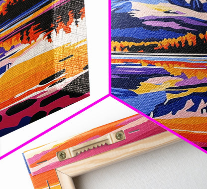 Hoch aufragende Kiefern, goldener Schein, majestätische Bäume, gerahmter Leinwanddruck, Naturgemälde, Waldlandschaft, Herbstliche Wanddekoration, Wohnzimmerdeko