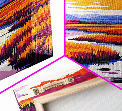 River Landscape Painting, Autumn Wall Art, Nature Inspired Print, Warm Color Palette, Framed Canvas Print, Cozy Living Room Decor