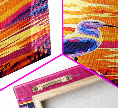 Seagull Sunset Art, Coastal Bird Painting, Ocean Landscape Print, Beach House Wall Decor, Framed Canvas Print, Nautical Bedroom Artwork