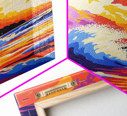 Powerful Ocean Wave, Surfing Wall Art, Vibrant Sunset Seascape, Coastal Home Decor, Framed Canvas Print, Beach House Living Room Art