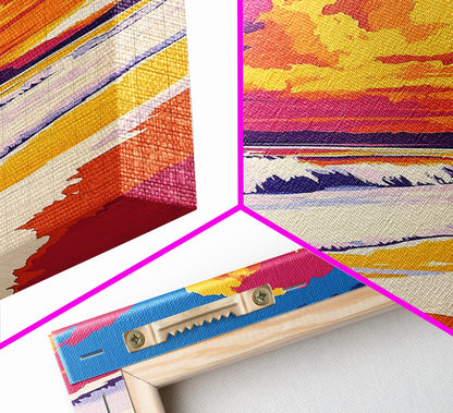 Beach Sunset, Vibrant Waves, Ocean Wall Art, Coastal Decor, Framed Canvas Print, Tropical Art, Living Room Art, Summer Aesthetic