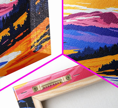 Mountain View Art, Nature Painting, Colorful Scenic Decor, Alpine Sunset, Wilderness Print, Framed Canvas Print, Office Wall Art