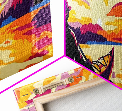 Kayak Adventure, Scenic Lake, Outdoor Wall Art, Sunset Reflections, Bold Landscape, Nature Escape, Vibrant Colors, Canvas Print