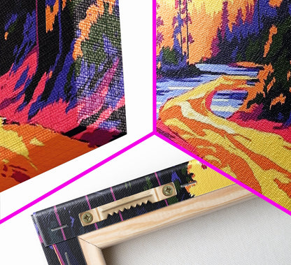 Forest Path, Scenic River, Golden Sunset, Framed Canvas Print, Rustic Home Decor, Nature Landscape Art, Cozy Cabin Decor, Fall Aesthetic