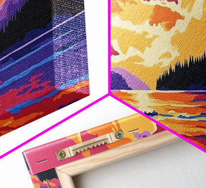 River Sunset, pine forest, mountain landscape, nature decor, cabin retreat, Fall Wall Art, Canvas Print, Framed Canvas Print