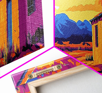 Desert House, Southwestern Art, Canvas Print, Rustic Wall Decor, Warm Tones, Vibrant Landscape, Boho Home Decor, Bedroom Wall Art