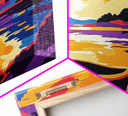 Sunset Boat, Serene Lake, Framed Canvas Print, Tranquil Water Art, Calm Landscape, Warm Color Palette, Boho Home Decor, Bedroom Wall Art