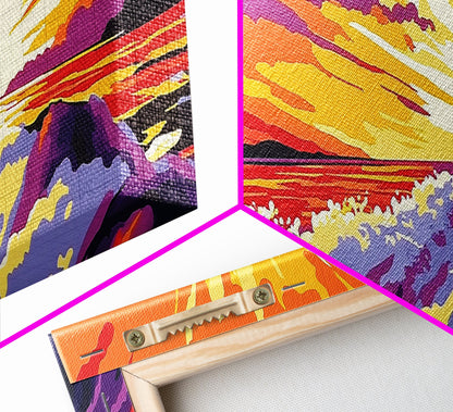 Ocean Waves, Fiery Sunset, Framed Canvas Print, Bold Seascape Art, Nature Scene, Coastal Home Decor, Modern Wall Art, Office Decor