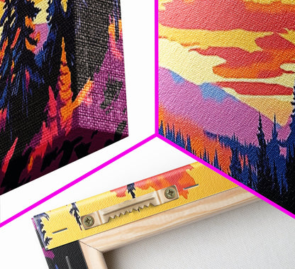 Pine Tree Landscape, Autumn Wilderness Art, Cozy Nature Decor, Warm Sunset Tones, Rustic Cabin Accent, Woodland Aesthetic, Canvas Print