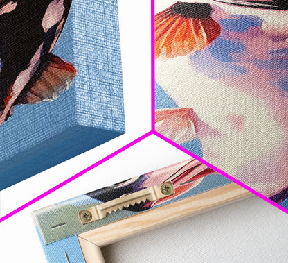 Abstract Fish, Minimalist Coastal, Blue and Pink Art, Framed Canvas Print, Modern Nautical Decor, Beach House, Kitchen Wall Art