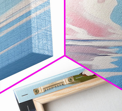 Wasserspiegelung, abstrakter Baum, surreale Natur, gerahmter Leinwanddruck, beruhigende Wandkunst, sanftes Blau und Rosa, Wandbild fürs Wohnzimmer