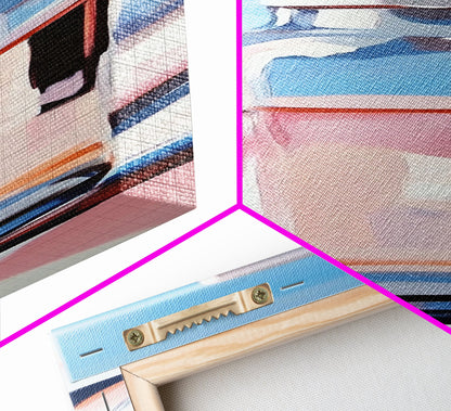 Perfume Bottle, Glass Art, Minimalist, Blue, White, Pink, Fashion, Beauty, Elegant, Living Room, Framed Canvas Print