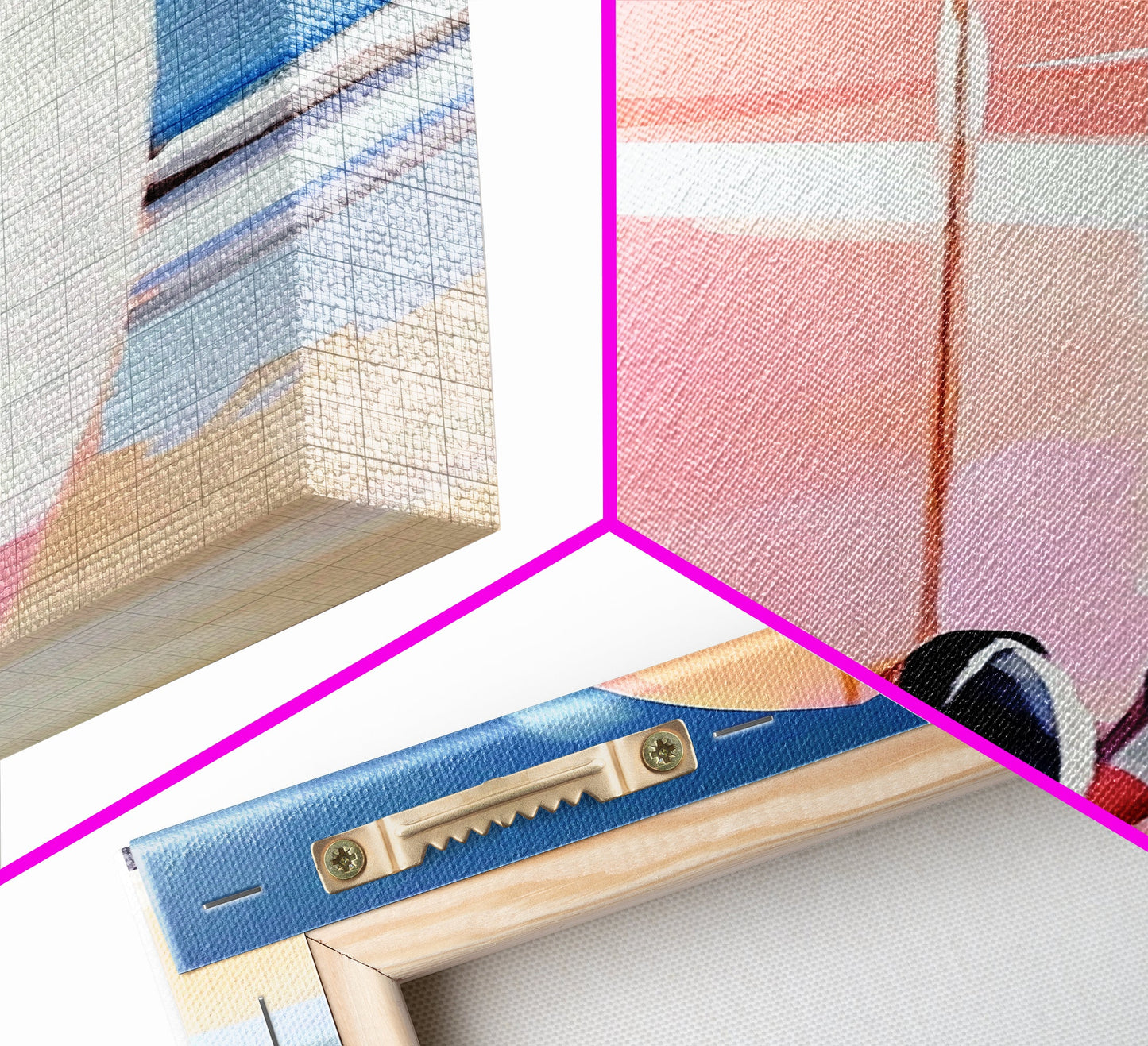 Pinkes Surfbrett, Strandhaus-Kunst, Küstenästhetik, Surfer-Lifestyle, Sommerfeeling, Gerahmter Leinwanddruck mit Ozeanmotiv, Moderne Wanddekoration