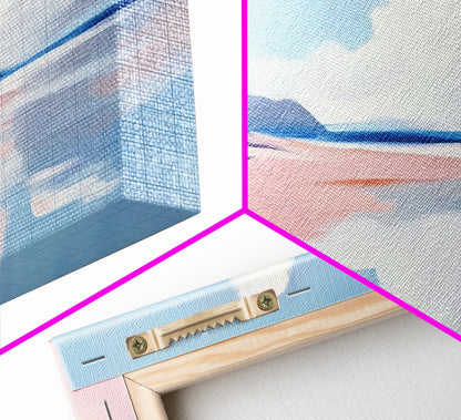 Bewölkte Meereslandschaft mit Spiegelung, ruhiger Küstendruck, minimalistische Meeresdekoration, sanfte Pastelllandschaft, Zen-Kunst für Zuhause, gerahmter Leinwanddruck fürs Schlafzimmer