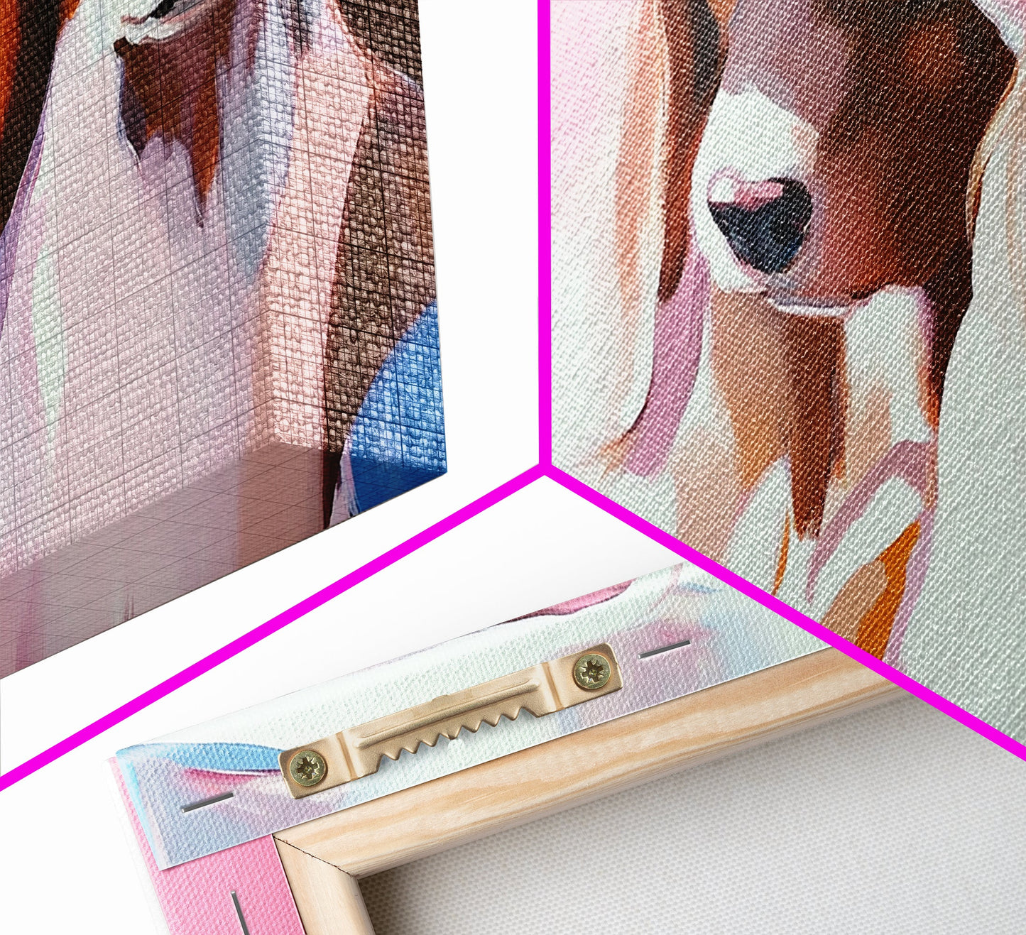 Stilvolle Hunde, Trendige Tierkunst, Ästhetischer Druck in Rosa, Modernes Haustierporträt, Verspielte Wandkunst, Dekoratives Dekor, Gerahmter Leinwanddruck