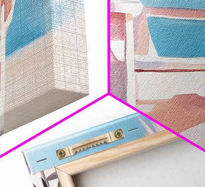 Strandstuhl, Sommerentspannung, Küstenkunst für draußen, Urlaubsästhetik, tropische Wohndekoration, minimalistische Pastellfarben, Leinwanddruck, Terrasse