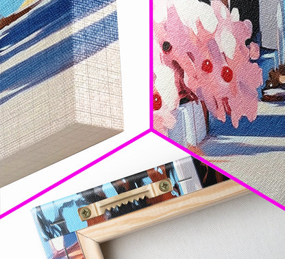 Flowers, Sunlit Walkway, Mediterranean Style Art, Floral Painting, Romantic Landscape, Framed Canvas Print, Outdoor Wall Art, Pastel Tones