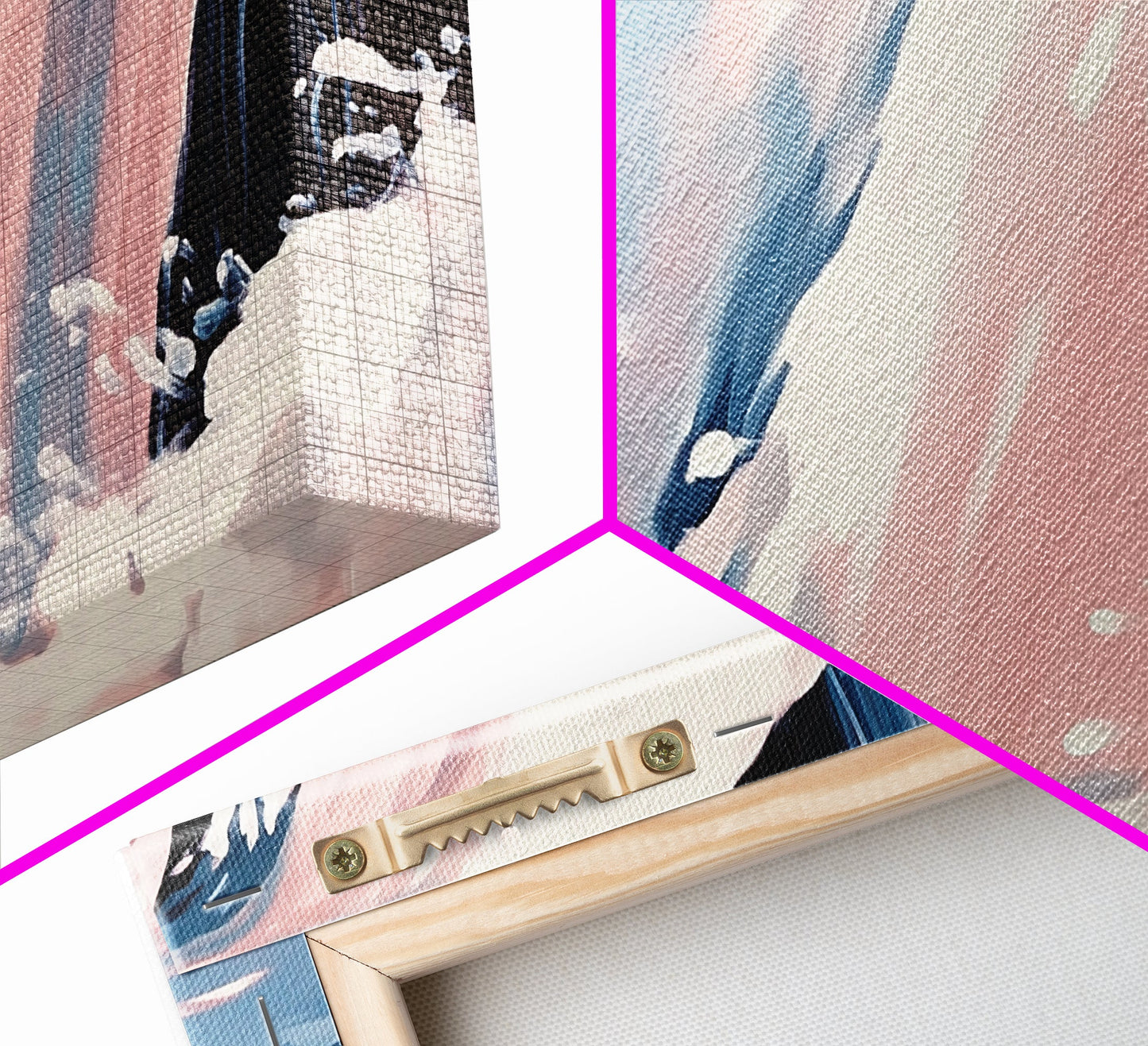 Wasserfallmotiv, Naturwandbild, Ruhige Landschaftskunst, Moderner minimalistischer Druck, Blau- und Rosatöne, Gerahmter Leinwanddruck, Wohnzimmerkunst