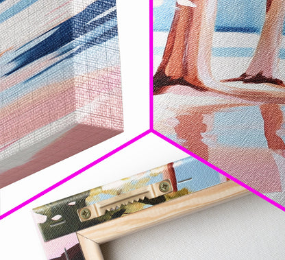 Sunset Reflection, Tranquil Beach, Serene Landscape, Ocean Serenity, Pink Skies, Relaxing Vibes, Framed Canvas Print, Living Room