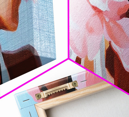 Floral Woman, Feminine Beauty, Elegant Portrait, Boho Canvas Print, Bedroom Wall Art, Modern Aesthetic, Pastel Pink Home Decor