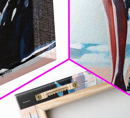 Sonnenuntergang am Strand, friedlicher Rückzugsort, Meeresruhe, Küstenmotiv auf Leinwand, Wandbild fürs Wohnzimmer, sanfte Pastellfarben, minimalistische Wandkunst