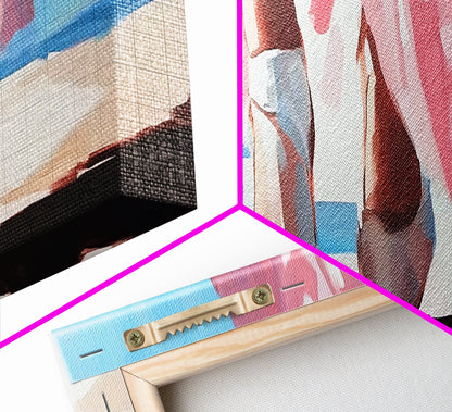 Walking on Beach, Pink Skirt, Ocean Waves, Coastal Feminine Art, Elegant Wall Decor, Canvas Print, Bedroom Wall Art, Summer Aesthetic