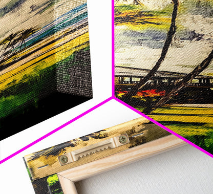 Tropical Landscape Painting, Palm Tree Art, Beach House Wall Decor, Coastal Summer Art, Vibrant Green and Yellow Art, Framed Canvas Print