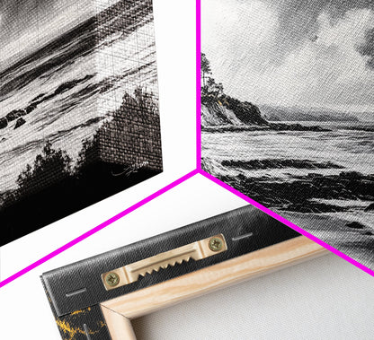 Stormy Coast, Dramatic Sky, Black and White Seascape, Framed Canvas Print, Coastal Wall Art, Large Landscape, Entryway Decor, Moody Art