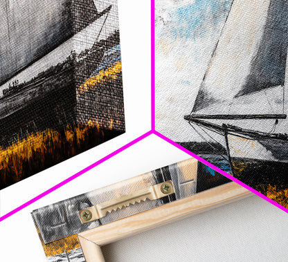 Sailboat Painting, Coastal Nautical, Black and White Boat, Framed Canvas Print, Maritime Decor, Living Room Wall Art, Classic Style