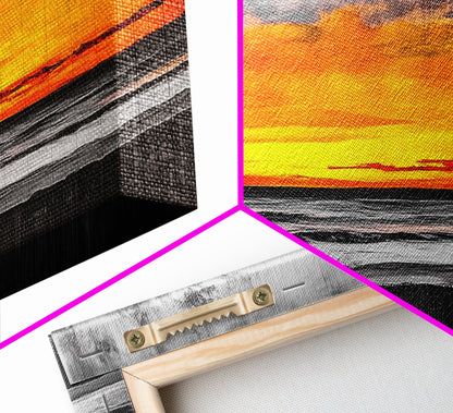 Coastal Sunset, Ocean Horizon, Bold Colors, Black and White Contrast, Modern Abstract, Warm Tones, Large Wall Art, Framed Canvas Print ?