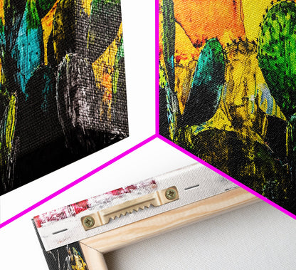 Cactus, Bold Colors, Desert, Vibrant, Framed Canvas Print, Southwest Wall Art, Boho Decor, Modern Abstract Painting, Nature Inspired
