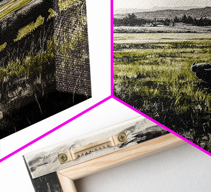 Grazing Bison, Wildlife Art, Rustic Home Decor, Nature Inspired, Western Landscape, Monochrome Art, Cabin Wall Art, Framed Canvas Print