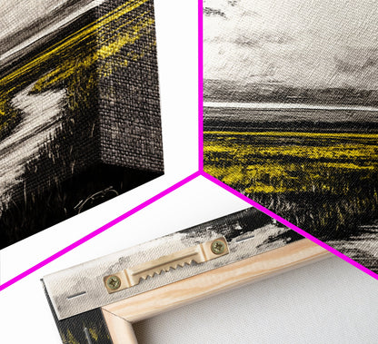 Field Pathway, dreamy landscape painting, country road art, scenic nature wall decor, calming yellow tones, framed canvas print, entryway