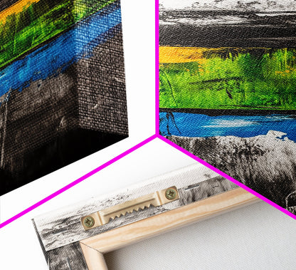 Geometric Landscape, Textured Canvas Print, Bold Wall Art, Modern Home Decor, Minimalist Artwork, Yellow Green Blue Painting