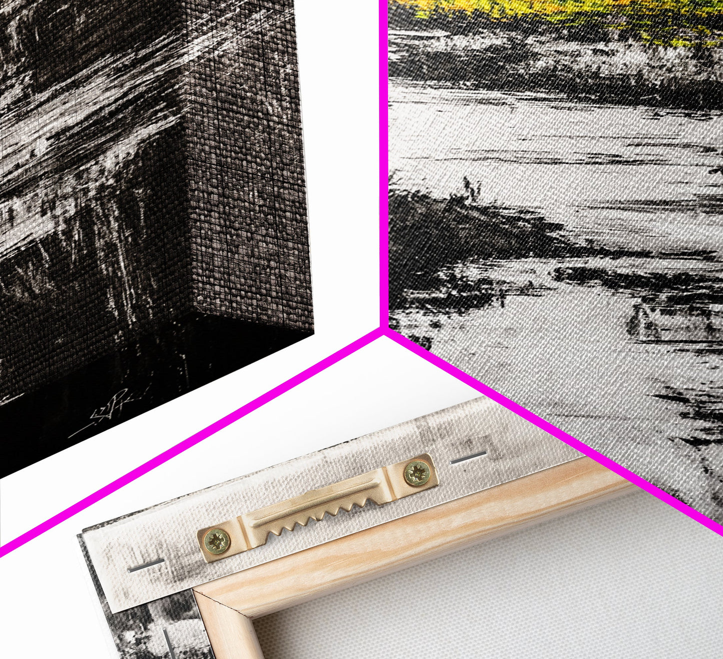 Black White Landscape, Yellow Trees, River Stream Art, Rustic Farmhouse Decor, Modern Nature Wall Art, Bedroom Wall Decor, Canvas Print