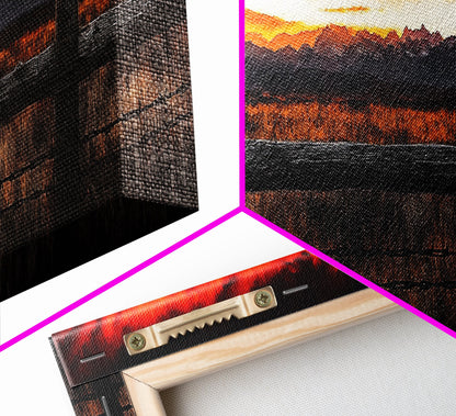 Western Sunset, Mountain Landscape Print, Rustic Cowboy Art, Dramatic Sky Painting, Country Wall Decor, Framed Canvas Print, Large Wall Art