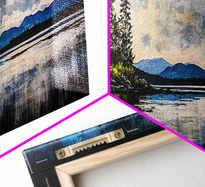 Cabin on the Lake, Peaceful Landscape, Nature Lover Art, Framed Canvas Print, Mountain View, Serene Wall Decor, Scenic Painting