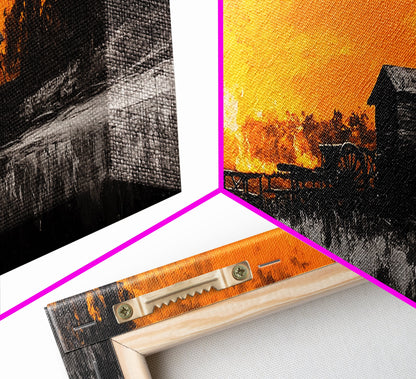 Farm Sunset, Old Barn, Fiery Sky, Rustic Landscape, Framed Canvas Print, Country Wall Art, Western Home Decor, Harvest Season Artwork