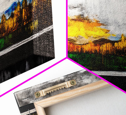 Sunset Landscape, Autumn Trees, Nature Art, Framed Canvas Print, Mountain Scene, Moody Sky, Living Room Wall Art, Dramatic Fall Decor