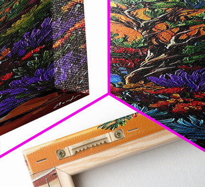 Sunset Tree, Wildflowers Desert, Canvas Print, Autumn sunset art, southwestern nature decor, boho fall home accent, canyon wall painting