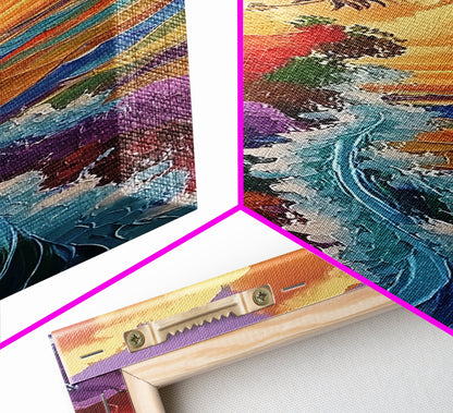 Rainbow Cliff, Ocean Waves, Sunset Coast, Framed Canvas Print, tropical beach decor, vibrant boho wall art, coastal entryway painting