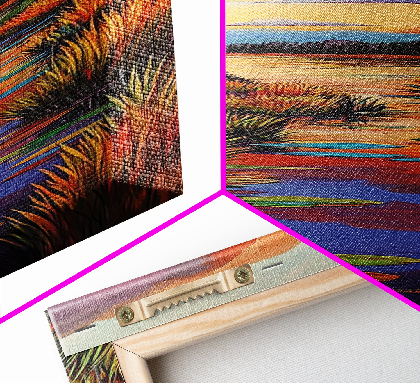 Autumn, River, Sunset, Painting, Framed Canvas Print of colorful river marsh landscape, Fall wall decor, rustic living room boho art