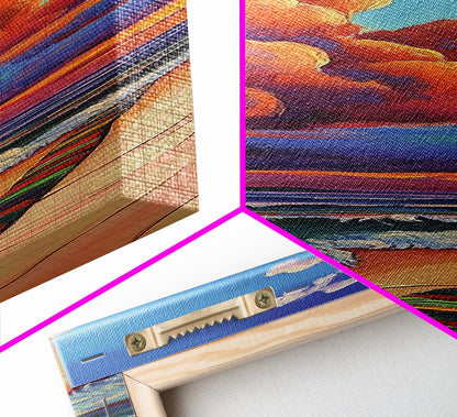 Ocean, Sunset, Blankets, Beach - Framed Canvas Print, Cozy Coastal Wall Art, Warm Sunset Beach Decor, Serene Bedroom, Entryway Accent