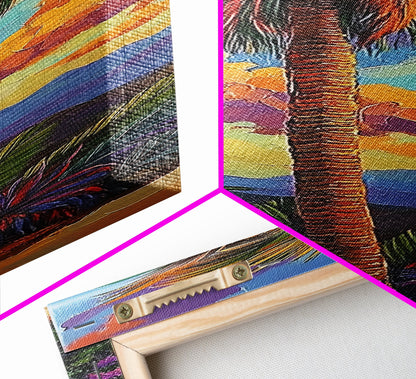 Palm, Tree, Sunset, Tropics - Canvas Print, Tropical Wall Decor, Vibrant Boho Art, Island Vibes, Living Room Accent, Palm Tree Painting