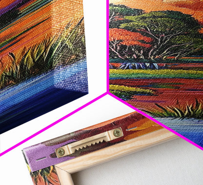 Autumn Marsh, Sunset Glow, Serene Trees, Framed Canvas Print, warm fall landscape art, peaceful country home decor, boho wall design