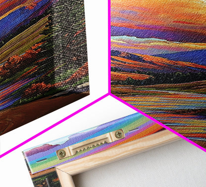 Rainbow Mountains, Sunset, Reflection, Framed Canvas Print, Rainbow landscape canvas, colorful scenic view, cabin wall art, mountain decor