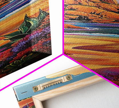 Coastal Path, Mountain, Framed Canvas Print, Vibrant Beach Landscape Wall Art, Desert Coastal Decor, Colorful Nature Living Room Accent