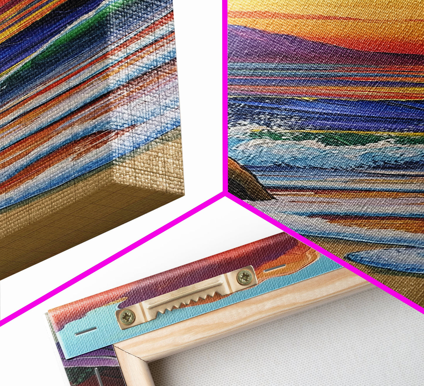 Sunset Waves, Shore, Coastal Framed Canvas Print beach sunset wall art, vibrant ocean wave decor, tropical boho art, iving room art