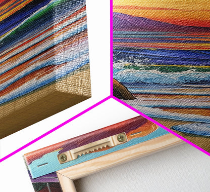 Sunset Waves, Shore, Coastal Framed Canvas Print beach sunset wall art, vibrant ocean wave decor, tropical boho art, iving room art