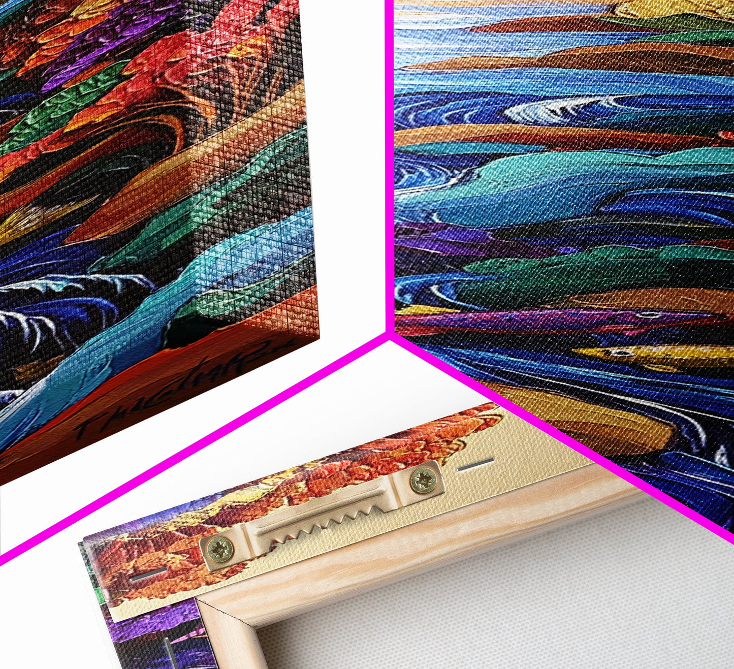 Fish Stream, Fantasy Whimsical — Framed Canvas Print, colorful river painting, kids room aquatic wall art, fantasy nature scene, boho decor